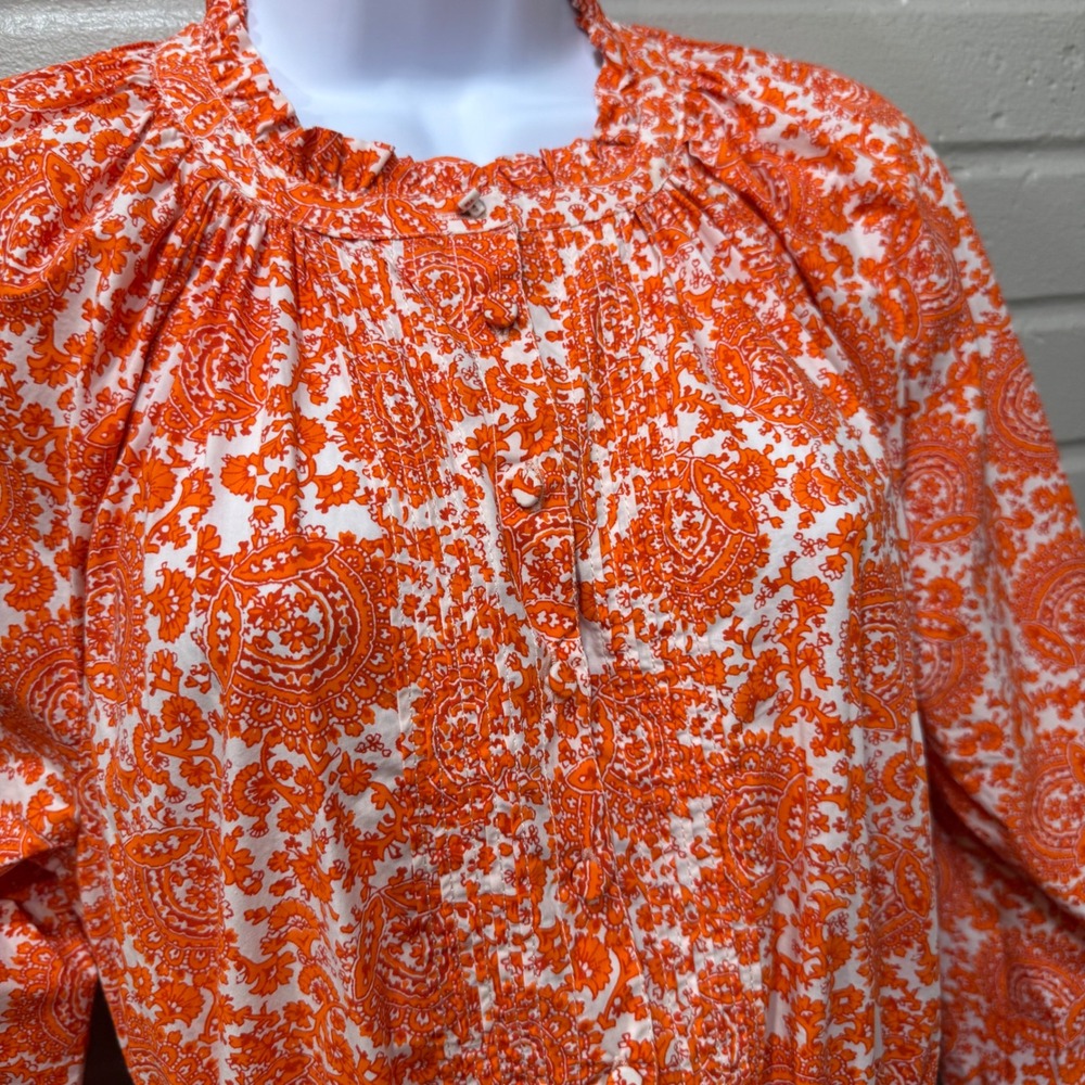 J Crew Ruffle Collar Mini Dress Cotton Poplin‎ Floral Bouquet Orange Paisley Med - Picture 6 of 16